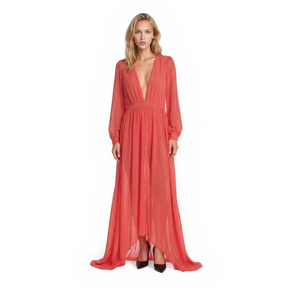 NWT‎ Bebe Maxi Dress Women's Size 8 Coral Long Sleeve Formal Gown Y2K